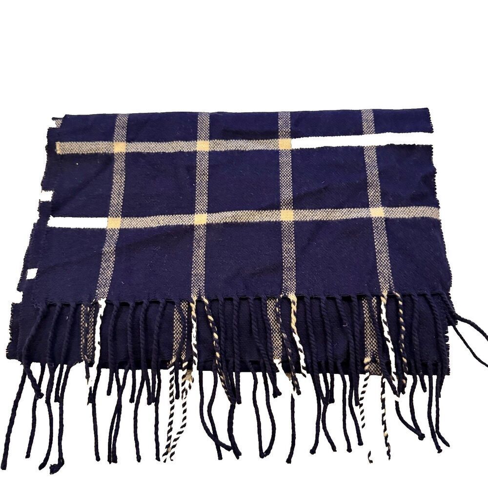 Vtg Men’s Blue Plaid Cashmere Feel Scarf Fringe 13" x 72" Preppy Academia Italy